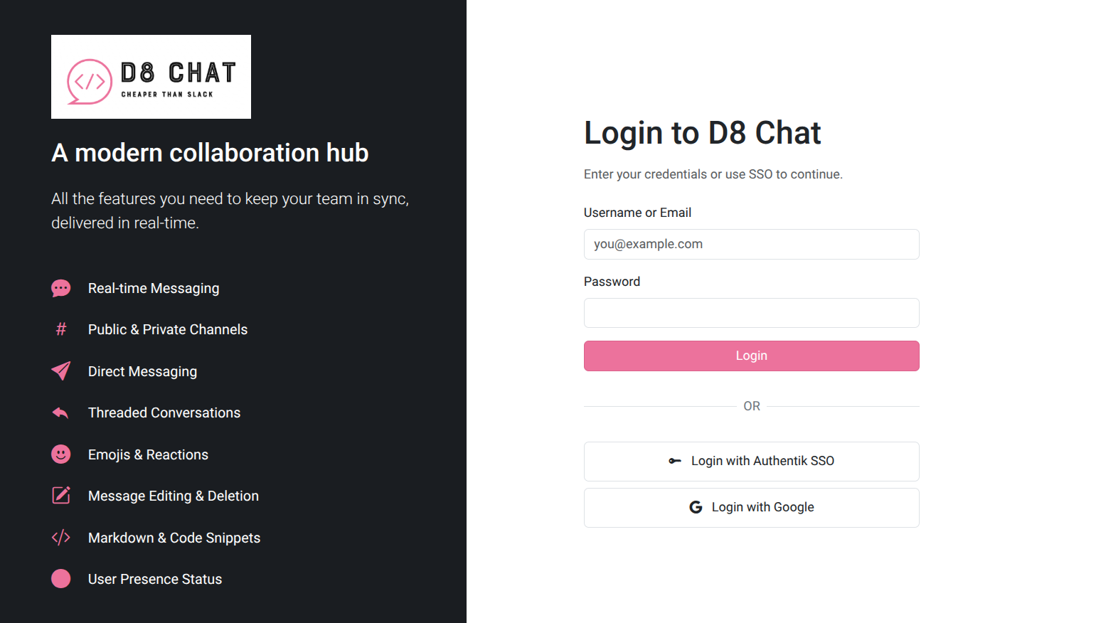D8 Chat application login screen