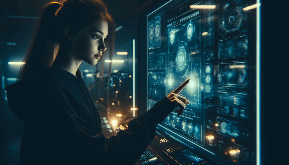 Young girl using a computer in the future